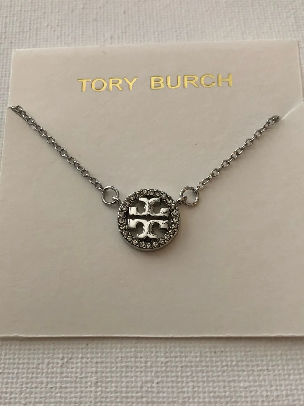 Tory Burch Silver Logo Crystal Circle Necklace